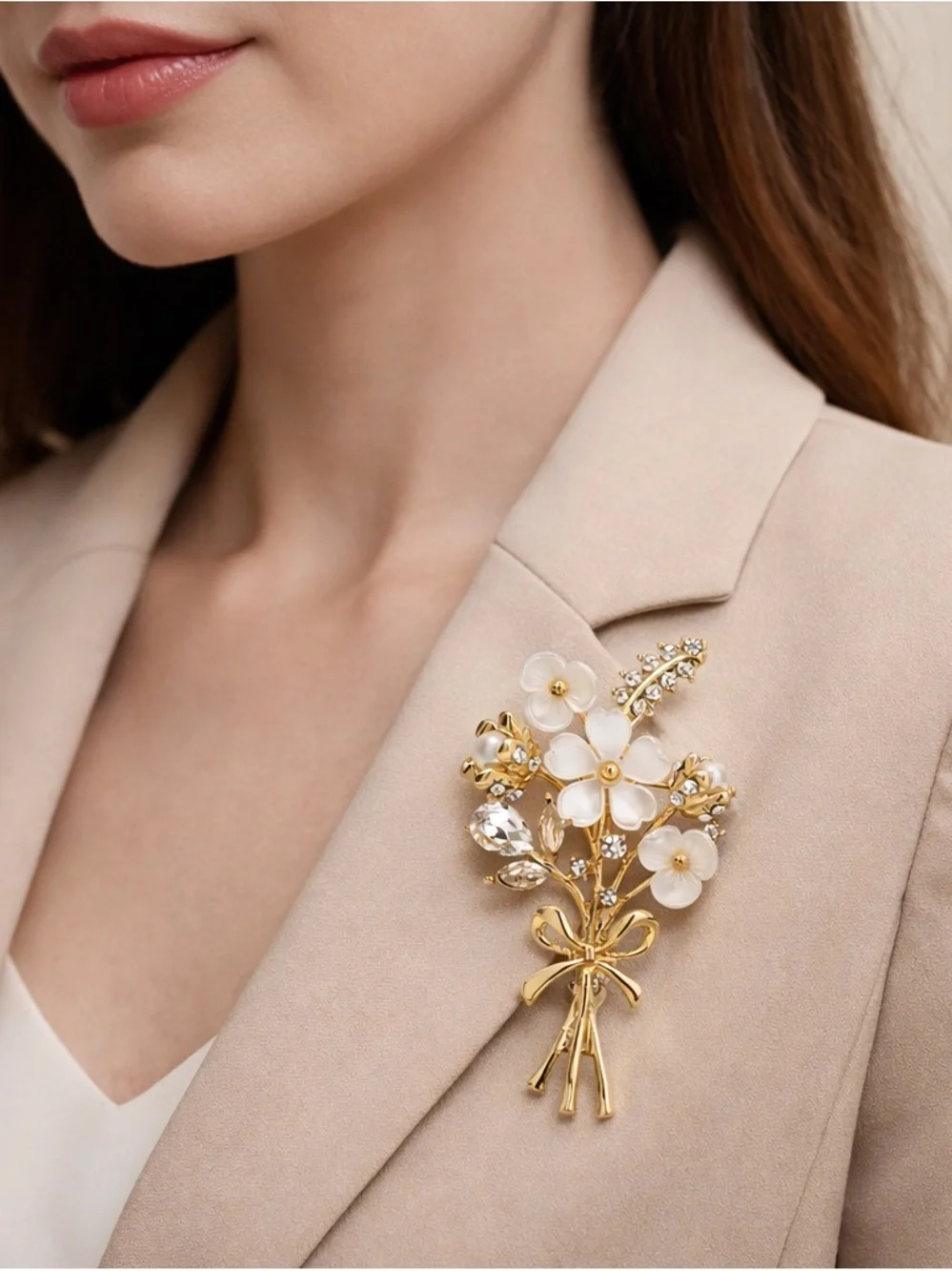 Gold Bouquet White Flower Crystal Brooch